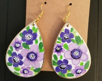 Hand-Painted Earrings, Purple Earrings, Hand-Made Earrings, Wood Earrings, Wooden Jewelry, Cute Earrings, Unique Fun Earrings, Sally Crisp