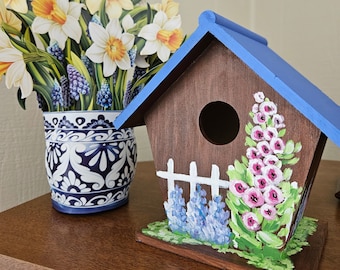 Hand-Painted Birdhouse, Birdhouse with Flowers, Cottage Style Birdhouse, Wooden Birdhouse, Decorative Birdhouse, Spring Art, Sally Crisp