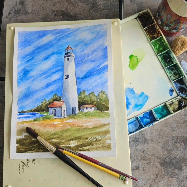 Original Watercolor Painting of Lighthouse, Nautical Art, Beach Artwork, White Lighthouse, Coastal Decor, Beach House Art, Sally Crisp