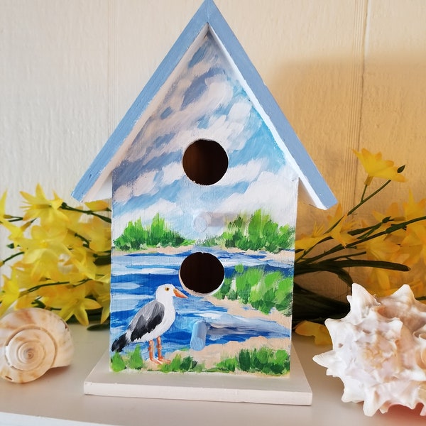 Hand-Painted Birdhouse, Collectors Item, Bird House Decor, Decorative Birdhouse, Coastal Birds, Seagull Artwork, Bird Gift, Sally Crisp