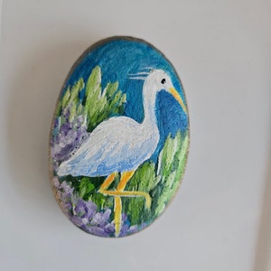 Hand-Painted Stone, White Heron Art, Heron Painted on Rock, Spirit Totem Animal, Bird Painted on Stone, Meditation Stone, Sally Crisp