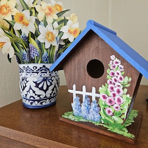 Hand-Painted Birdhouse, Birdhouse with Flowers, Cottage Style Birdhouse, Wooden Birdhouse, Decorative Birdhouse, Spring Art, Sally Crisp image 1