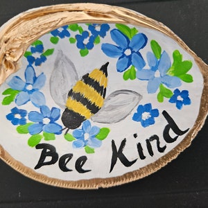 Hand-Painted Shell, Kindness Word Art, Bee Kind, Painted Seashell, Bumble Bee Art, Trinket Dish, Clam Shell Decor, Ring Dish, Sally Crisp image 1