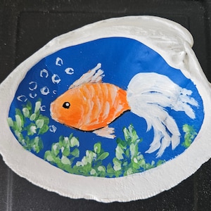Hand-Painted Shell with Fish, Seashell Art, Tropical Fish Decor, Small Goldfish Painting Original Art, Ring Dish, Beach Gift, Sally Crisp image 1