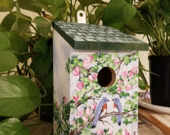 Painted Wood Birdhouse, Decorative Birdhouse, Gift for Mom, Birdhouse Decor, Bluebird House, Outside Birdhouse, Bird Art, Sally Crisp