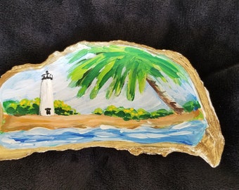 Hand-Painted Shell, Painted Seashell with Palm Tree, Lighthouse on Shell, Lighthouse Art, Lighthouse Painting, Small Art, Sally Crisp