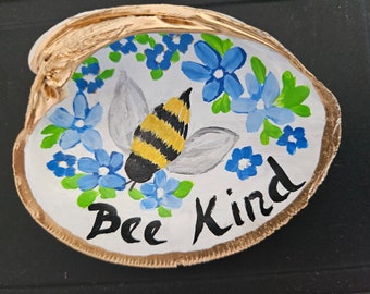 Hand-Painted Shell, Kindness Word Art, Bee Kind, Painted Seashell, Bumble Bee Art, Trinket Dish, Clam Shell Decor, Ring Dish, Sally Crisp