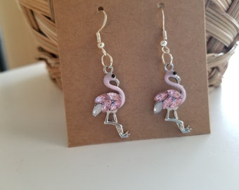 Pink Flamingo Crystal Earrings, Cute Dangly Earrings, Pink Flamingo Gift, Small Gift Idea, Nickle Free Earrings, Beach Earrings, Sally Crisp