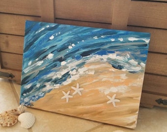 Original Acrylic Beach Painting with Waves and Starfish, Coastal Wall Art, Sally Crisp