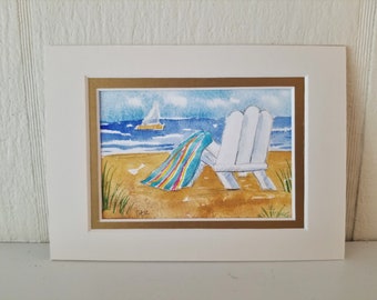 Original Watercolor, Beach Chair Artwork, Watercolor Painting, Beach Art, Beach Wall Art, Small Painting, White Beach Chair Art, Sally Crisp