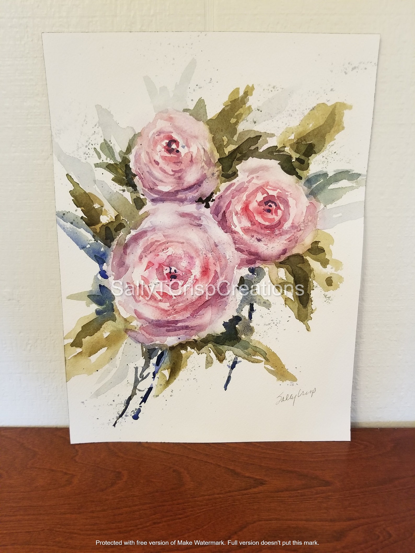 Original Watercolor Floral Painting, Pink Cottage Rose Bouquet Wall Art ...