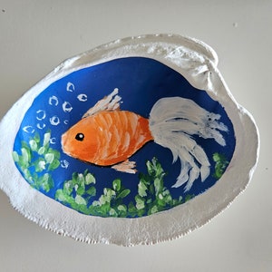 Hand-Painted Shell with Fish, Seashell Art, Tropical Fish Decor, Small Goldfish Painting Original Art, Ring Dish, Beach Gift, Sally Crisp image 5