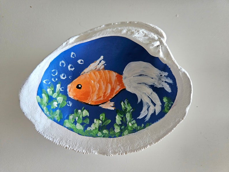 Hand-Painted Shell with Fish, Seashell Art, Tropical Fish Decor, Small Goldfish Painting Original Art, Ring Dish, Beach Gift, Sally Crisp image 5