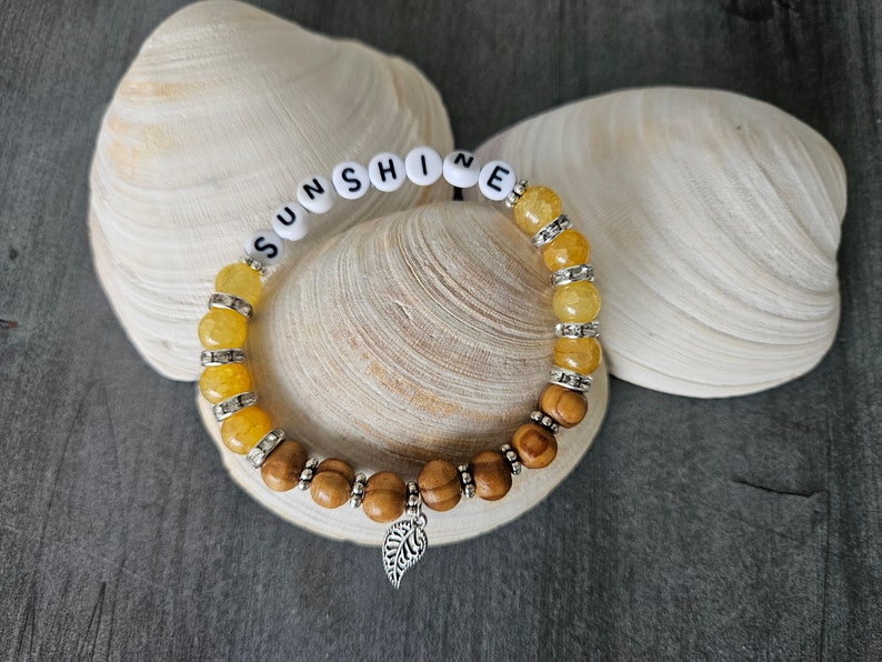 Crystal and Wood Bracelet, Yellow Sunshine Word Bracelet, You are My Sunshine, Stackable Bracelet, Custom Jewelry Gift for Her, Sally Crisp image 7