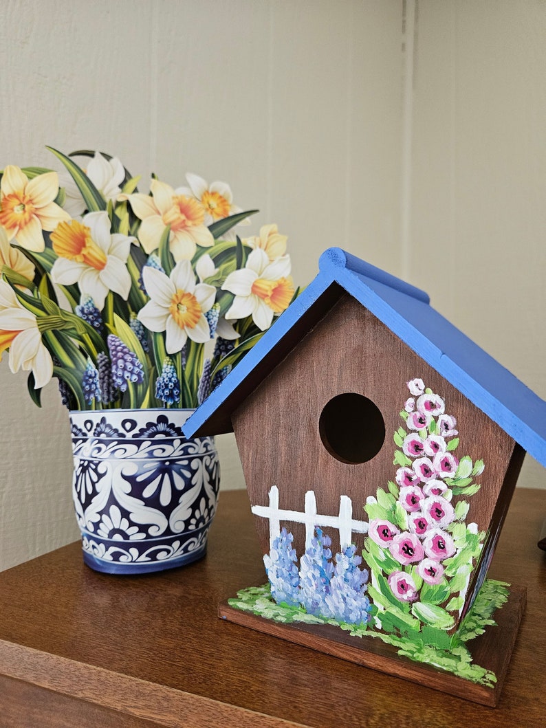 Hand-Painted Birdhouse, Birdhouse with Flowers, Cottage Style Birdhouse, Wooden Birdhouse, Decorative Birdhouse, Spring Art, Sally Crisp image 1