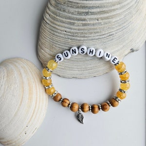 Crystal and Wood Bracelet, Yellow Sunshine Word Bracelet, You are My Sunshine, Stackable Bracelet, Custom Jewelry Gift for Her, Sally Crisp image 2