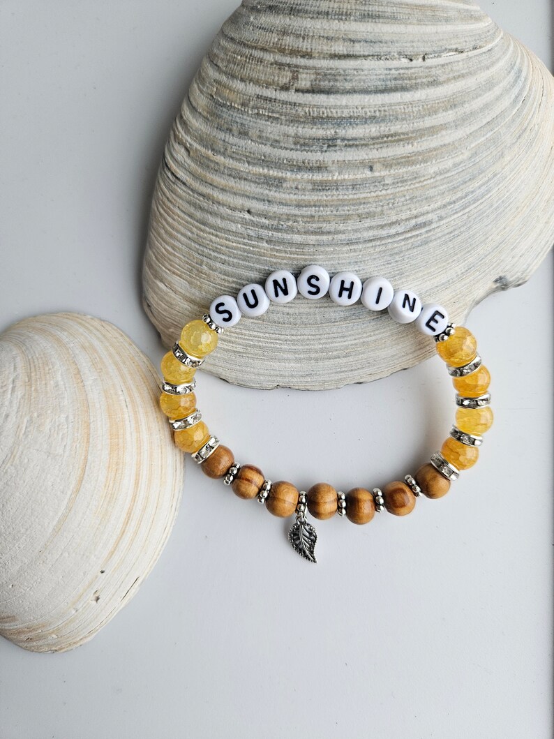 Crystal and Wood Bracelet, Yellow Sunshine Word Bracelet, You are My Sunshine, Stackable Bracelet, Custom Jewelry Gift for Her, Sally Crisp image 2