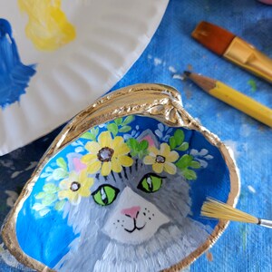 Hand-painted Shell, Artwork on Seashell, Gray Cat With Floral Wreath ...