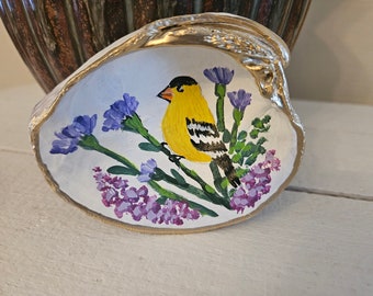 Hand-Painted Shell, Seashell Artwork, Yellow Bird Art, Original Painting, Bird Lover Gift, Shell Decor, Small Gift, Ring Dish, Sally Crisp