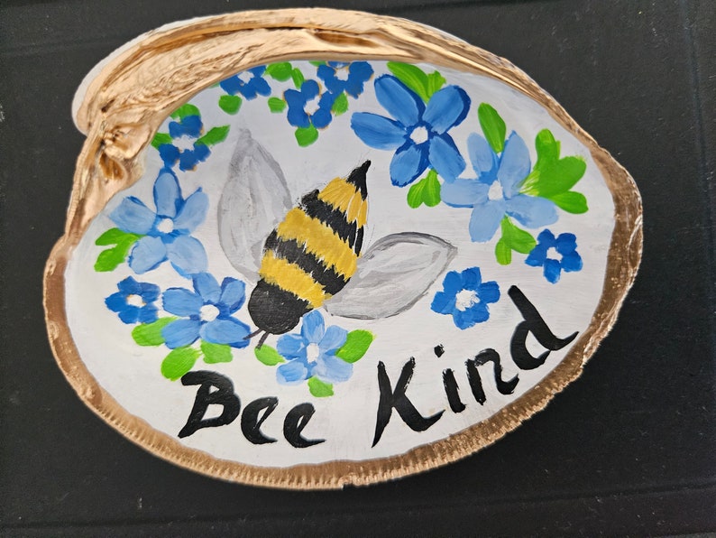 Hand-Painted Shell, Kindness Word Art, Bee Kind, Painted Seashell, Bumble Bee Art, Trinket Dish, Clam Shell Decor, Ring Dish, Sally Crisp image 1