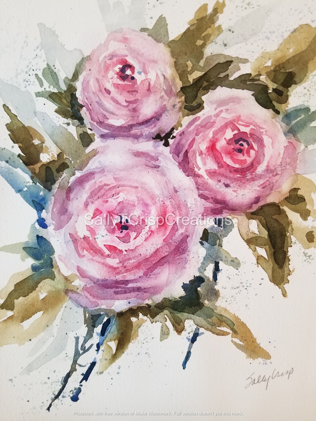 Original Watercolor Floral Painting, Pink Cottage Rose Bouquet Wall Art ...
