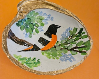 Painted Shell, Painted Seashell, Baltimore Oriole Art, Trinket Dish, Bird Art, Oriole Art, Bird Gift, Ring Dish, Small Gift, Sally Crisp