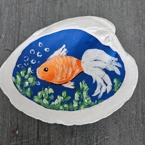 Hand-Painted Shell with Fish, Seashell Art, Tropical Fish Decor, Small Goldfish Painting Original Art, Ring Dish, Beach Gift, Sally Crisp image 3