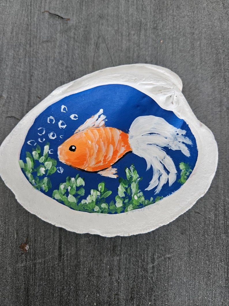 Hand-Painted Shell with Fish, Seashell Art, Tropical Fish Decor, Small Goldfish Painting Original Art, Ring Dish, Beach Gift, Sally Crisp image 3