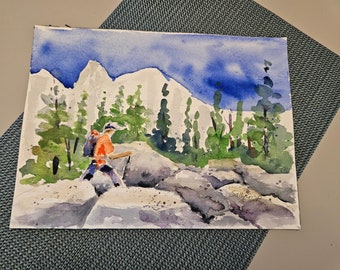 Original Watercolor Art, Painting of Hiker, Painting of Walker, Forest Art, Original Wall Art, Nature Lover Art, Gift for Men, Sally Crisp