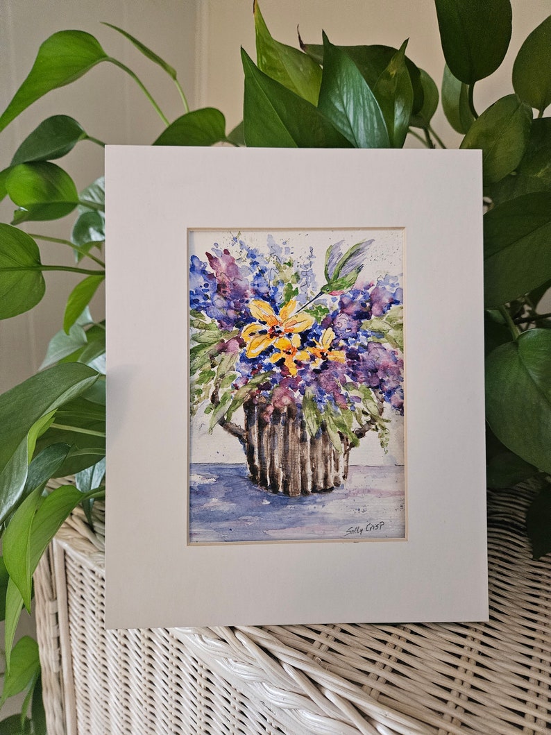 Watercolor Art Print, Wildflower Art, Hummingbird Artwork, Birds, Purple Lilac Flowers, Small Floral Painting, Garden Gift, Sally Crisp image 5