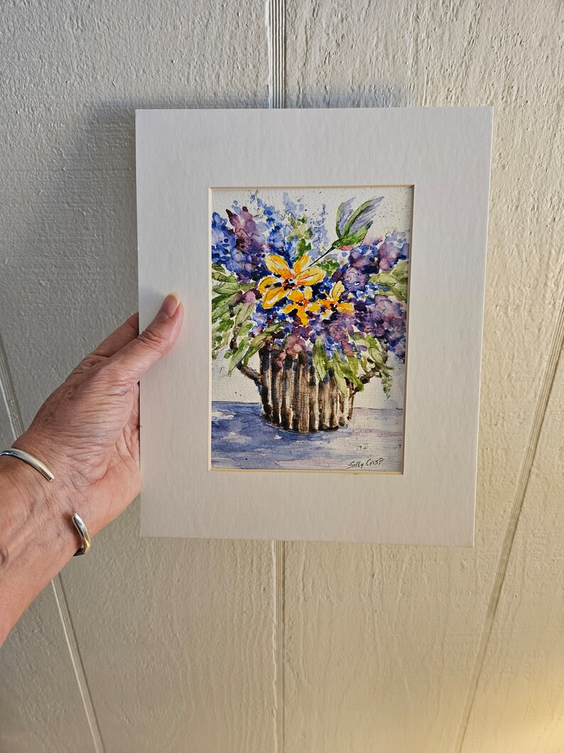 Watercolor Art Print, Wildflower Art, Hummingbird Artwork, Birds, Purple Lilac Flowers, Small Floral Painting, Garden Gift, Sally Crisp image 7