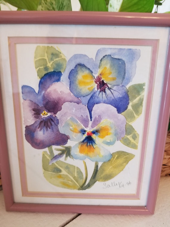 Vintage Original Pansy Watercolor Painting, Framed Spring Flower Art, Sally Crisp