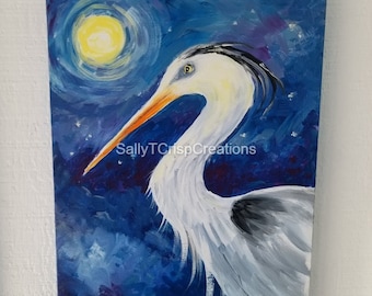 Original Acrylic Art, Great Blue Heron Painting, Heron Artwork, Beach House Art, Housewarming Gift, Bird Art, Coastal Birds, Sally Crisp