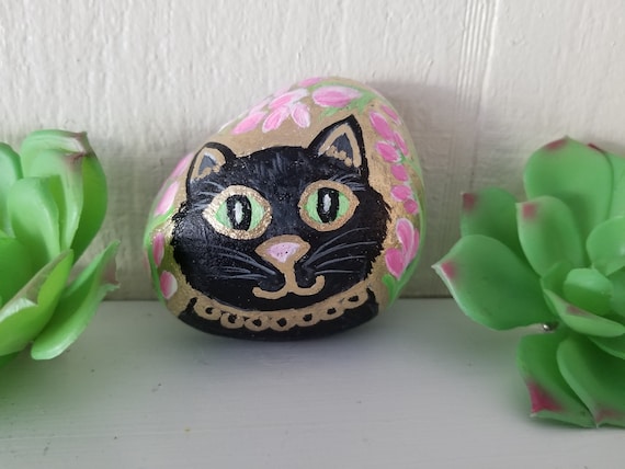 Hand-Painted Rock Art, Black Cat, Artwork on Stone, Garden Decor, Cat Lover Gift