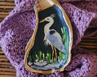 Hand-Painted Shell, Seashell Art, Shell Decor, Blue Heron Painting, Oyster Shell, Original Bird Art, Ring Dish, Handmade Gift, Sally Crisp