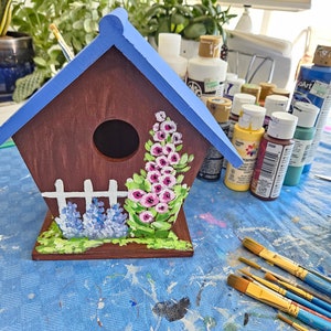 Hand-Painted Birdhouse, Birdhouse with Flowers, Cottage Style Birdhouse, Wooden Birdhouse, Decorative Birdhouse, Spring Art, Sally Crisp image 8