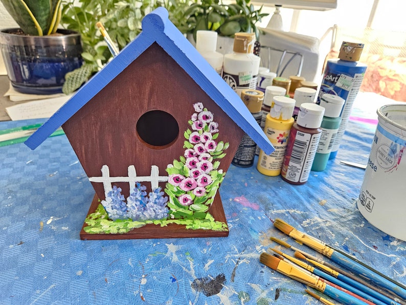 Hand-Painted Birdhouse, Birdhouse with Flowers, Cottage Style Birdhouse, Wooden Birdhouse, Decorative Birdhouse, Spring Art, Sally Crisp image 8