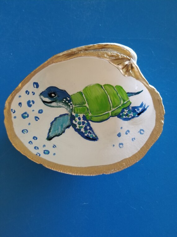 Turtle Art on Shell Handpainted Shell Turtle Artwork Sea Etsy
