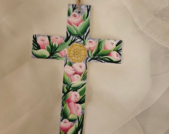 Painted Wood Cross for Wall, Cross with Roses, Christian Cross Gift, Cross Wall Art, Personalized Cross, Baptism Gift, Rose Art, Sally Crisp