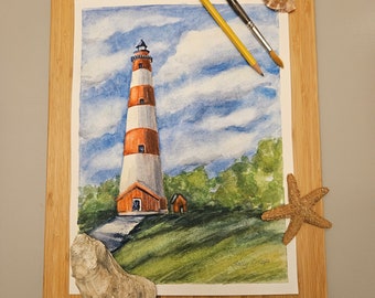 Aquarelle originale du phare, art du phare de Chincoteague en Virginie, phare rouge et blanc, cadeau pour lui, Sally Crisp