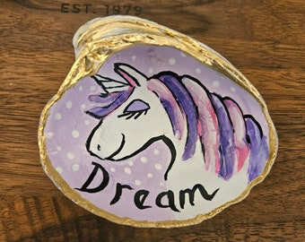 Hand Painted Shell, Painted Seashell, Dream Art, Unicorn Art, Unicorn Gift, Whimsical Unicorn, Clam, Ring Dish, Trinket Dish, Sally Crisp