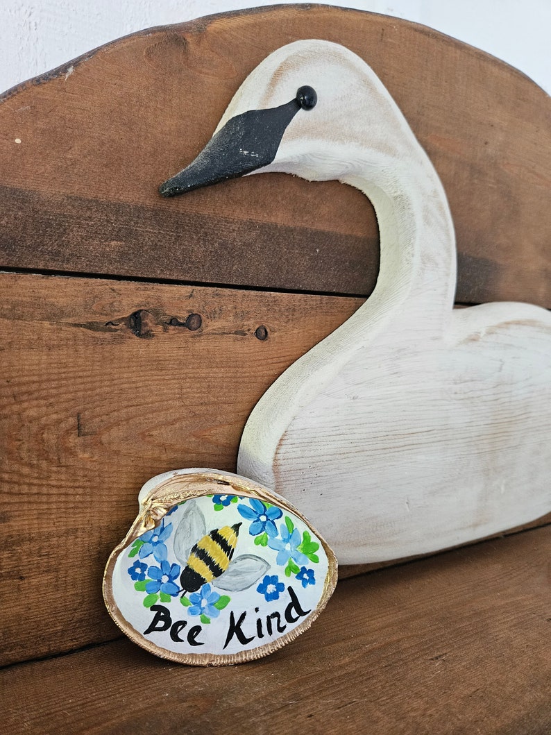 Hand-Painted Shell, Kindness Word Art, Bee Kind, Painted Seashell, Bumble Bee Art, Trinket Dish, Clam Shell Decor, Ring Dish, Sally Crisp image 2