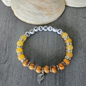 Crystal and Wood Bracelet, Yellow Sunshine Word Bracelet, You are My Sunshine, Stackable Bracelet, Custom Jewelry Gift for Her, Sally Crisp image 5