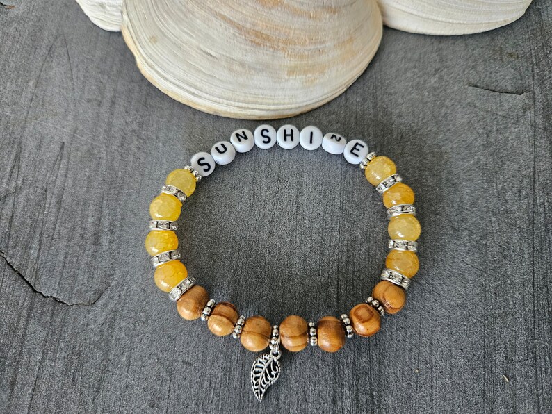 Crystal and Wood Bracelet, Yellow Sunshine Word Bracelet, You are My Sunshine, Stackable Bracelet, Custom Jewelry Gift for Her, Sally Crisp image 5