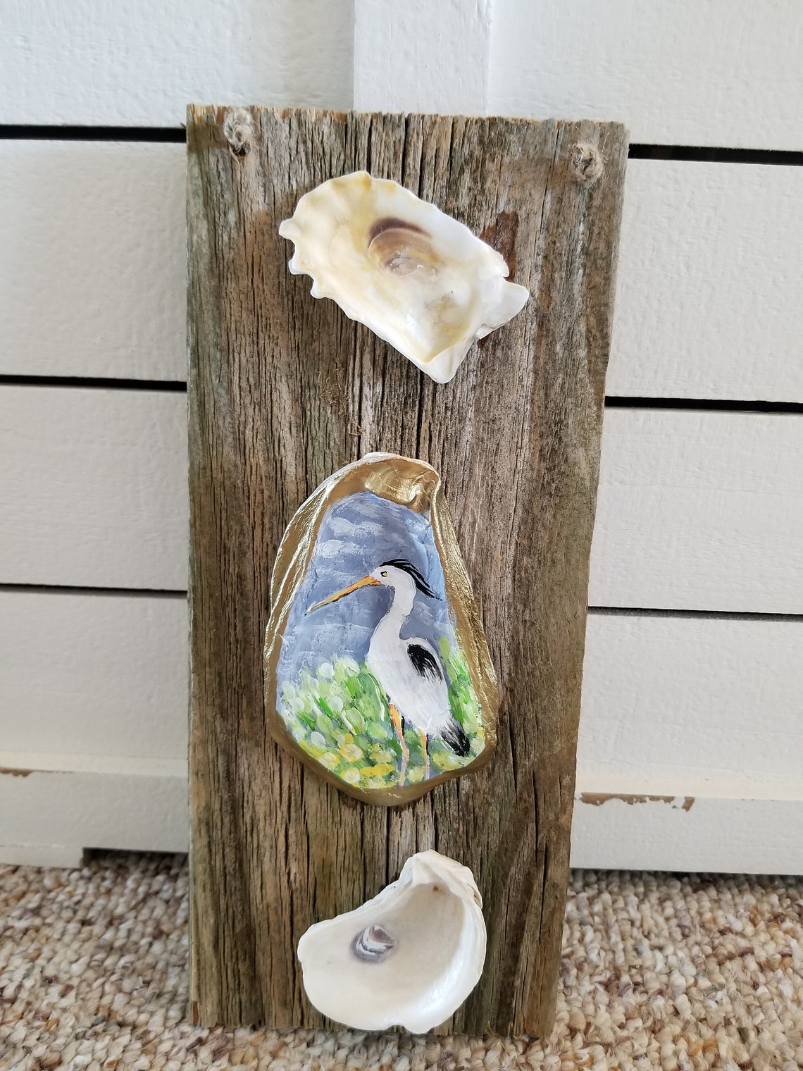 Wood Wall Art Oyster Art Shell Wall Art Blue Heron Art Etsy