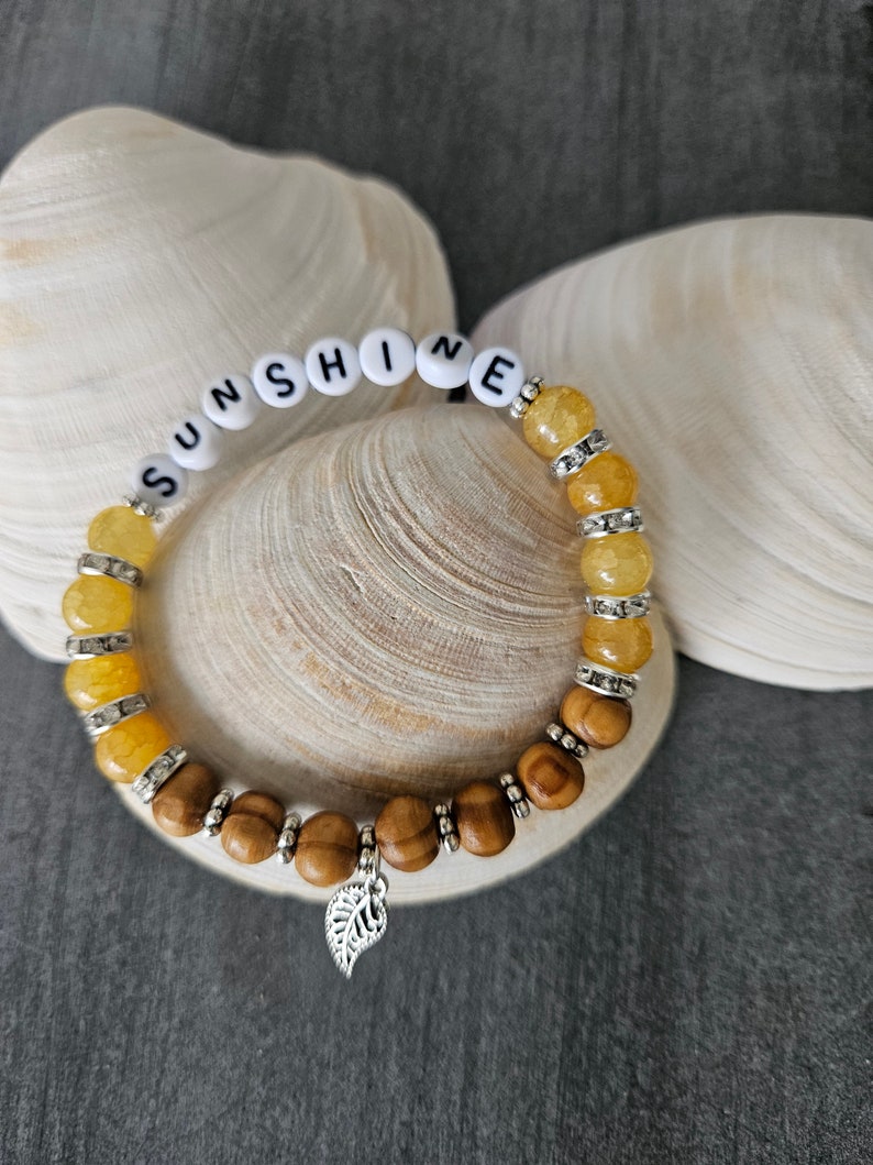 Crystal and Wood Bracelet, Yellow Sunshine Word Bracelet, You are My Sunshine, Stackable Bracelet, Custom Jewelry Gift for Her, Sally Crisp image 8