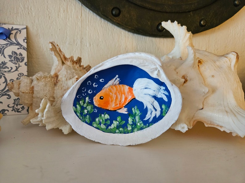 Hand-Painted Shell with Fish, Seashell Art, Tropical Fish Decor, Small Goldfish Painting Original Art, Ring Dish, Beach Gift, Sally Crisp image 6