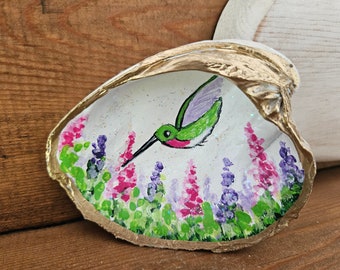 Hand Painted Shell with Hummingbird and Flowers, Hummingbird Gift, Bird Decor, Shell Artwork, Handmade Gift for Her, Small Gift, Sally Crisp