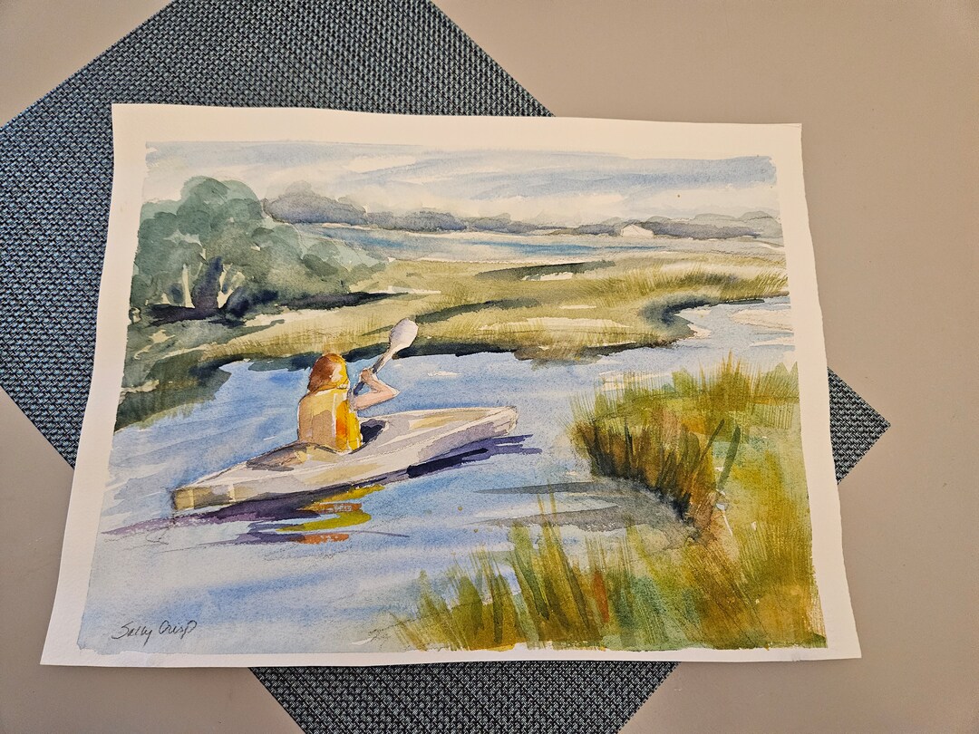 Original Watercolor Painting of Kayak, Kayak Artwork, Painting of Kayak