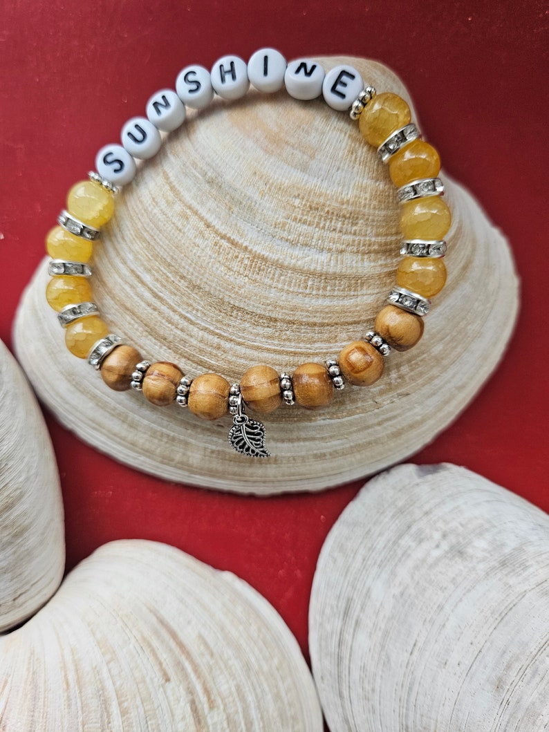 Crystal and Wood Bracelet, Yellow Sunshine Word Bracelet, You are My Sunshine, Stackable Bracelet, Custom Jewelry Gift for Her, Sally Crisp image 4